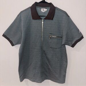 RARE Y2K Calvin Klein Full Zip Striped Blue & Gray Polo Shirt Pocket Size Large
